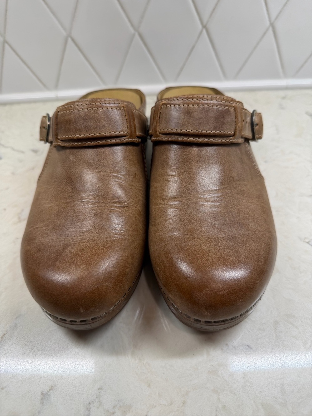Dansko Pearson Brown Leather Clogs Size 37 with Buckle Excellent Condition